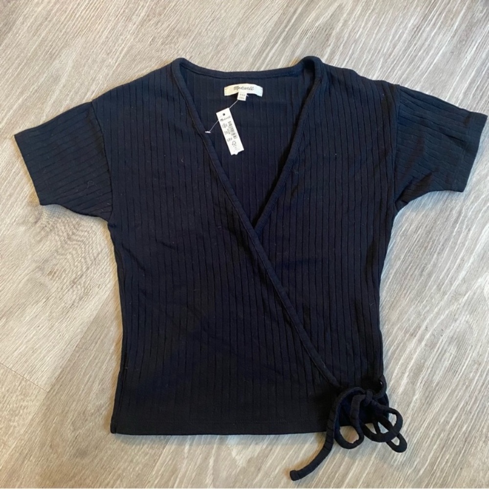 NWT Madewell Black Ribbed Wrap Top XXS